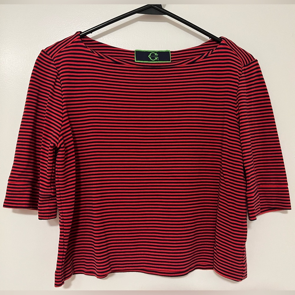 C Wonder Striped Shirt Crop Top Boat Neck Pink Navy Shirt Women's Size Small